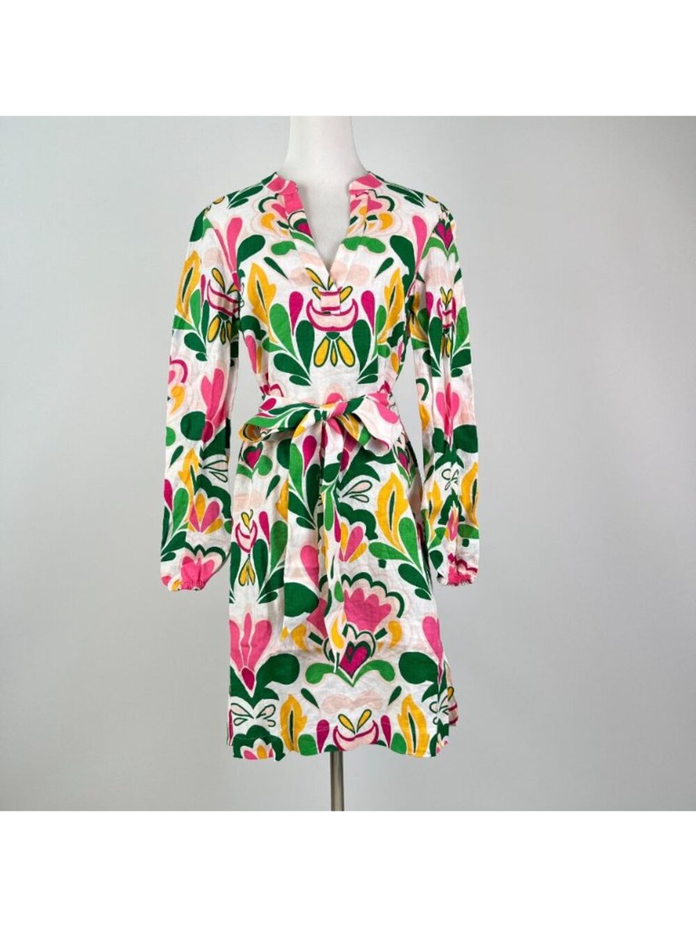 NWOT Boden Green Pink Cleo Linen Tie Waist Dress Multicolor V-Neck Size 8L - Picture 2 of 13
